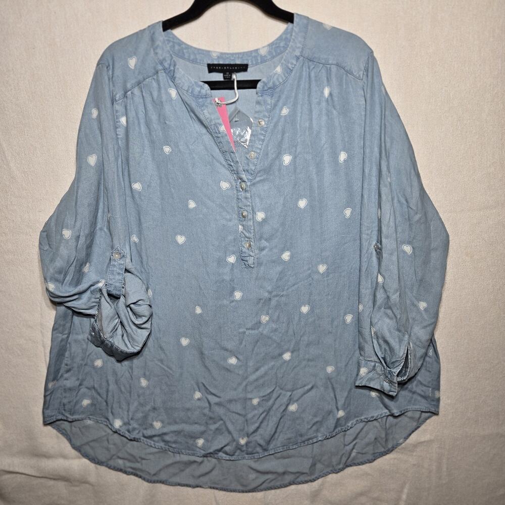 Jane + Delancey Chambray Style Top Sz 1X Heart Print Casual Travel Picnic